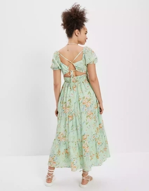 Robe Mi-longue American Eagle AE Floral Open Back Corset Vert Femme | ZJN-78519547